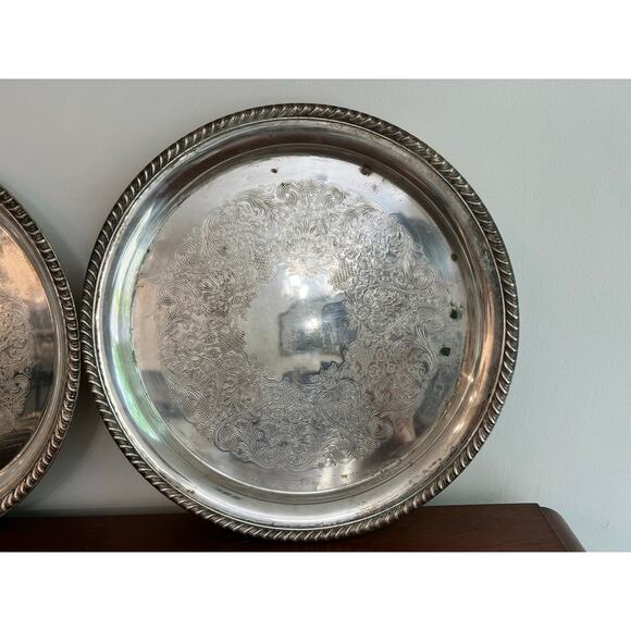 Two WM Rogers 171 Silverplated VTG 12" Round Rope Edge Platter Serving Tray - Picture 2 of 6
